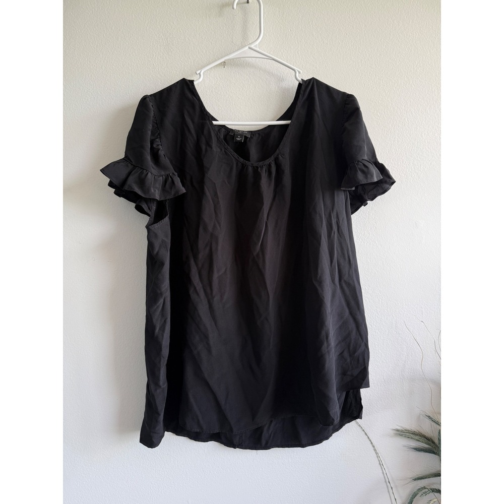 Ann Taylor Womens Black 100% Silk Ruffle Short Sleeve Scoop Neck Blouse‎ XL